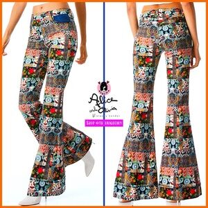 Alice + Olivia Beautiful Patchwork Mid Rise Denim Floral Flared Bell Jeans Pant